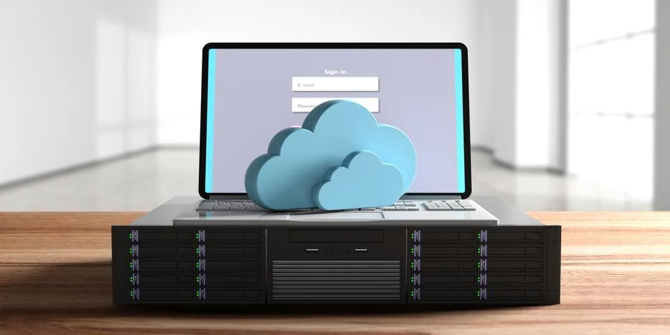 Computer cloud concept, Clouds pn a computer laptop, blur office background, Stockillustratie