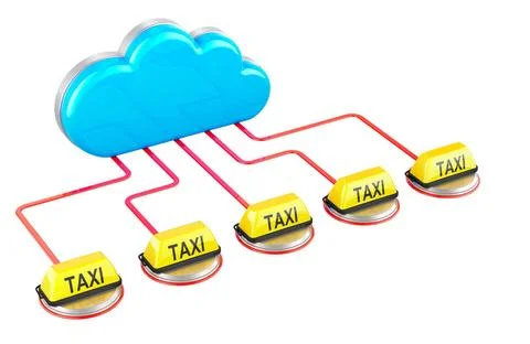 Computer cloud connected with taxi, control of taxi service. 3D rendering ... Stock Photos