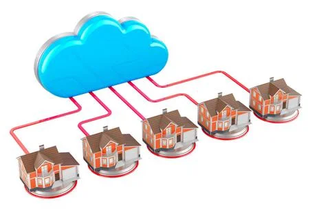 Computer cloud with houses. Internet connection concept. 3D rendering Comp... Foto stock