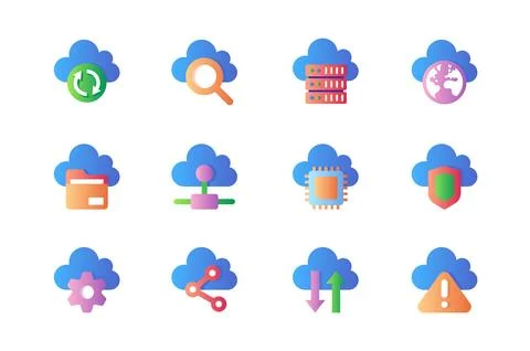 Computer cloud icons set in color flat design. Pack of sync, search, database Illustrazione stock