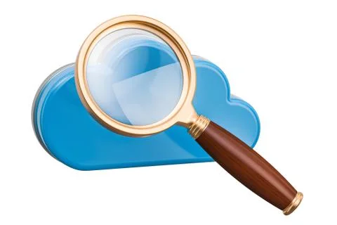 Computer cloud with magnifier. Search in cloud computing, 3D rendering Stock Illustration