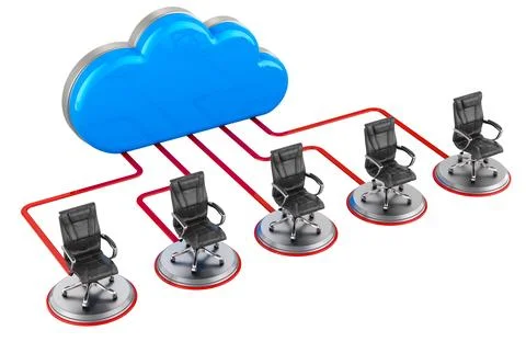 Computer cloud with office chairs. Internet connection concept. 3D rendering Stock Illustration