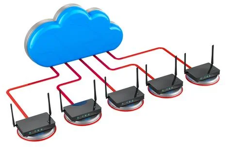 Computer cloud with routers. Networking connection, concept. 3D rendering Stock Illustration