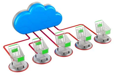 Computer cloud with shopping carts. 3D rendering Illustrazione stock