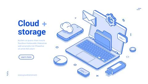 Computer cloud storage data center technology laptop smartphone web banner is Stock Illustration
