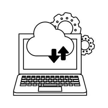 Computer with cloud tranfer symbol and gears black and white Stock Illustration
