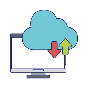 Computer with cloud tranfer symbol blue lines Stock Illustration