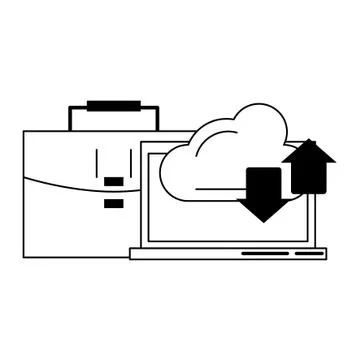 Computer cloud transfer and briefcase in black and white Stock Illustration