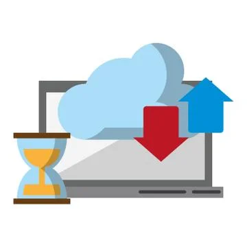Computer with cloud transfer and hourglass Stock Illustration