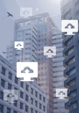 Computer cloud upload icons in city Stock Photos