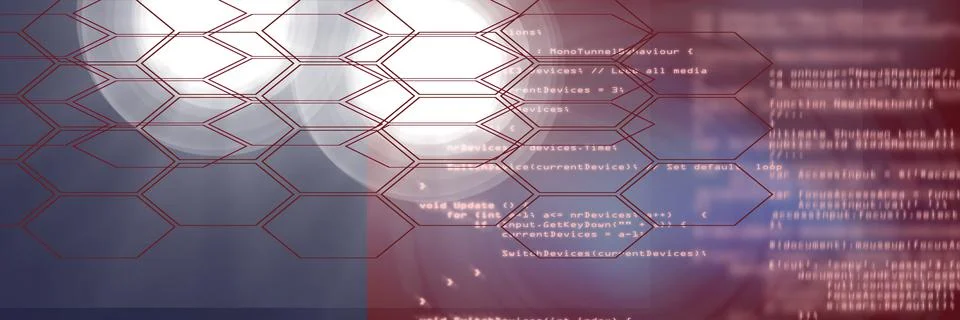Computer code and 2d hexagon shapes against gradient background, program coding Stock Illustration