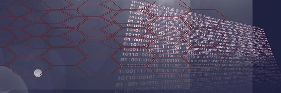 Computer code and 2d hexagon shapes against gradient background, program coding Stock Illustration