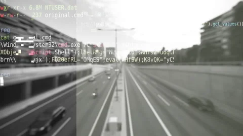 Computer code and data over barcelona urban scene Stock Footage 248759054