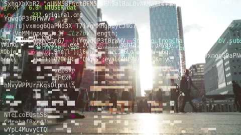 Computer code and data over urban scene Stock Footage 248759107