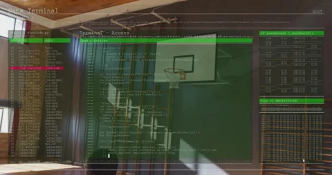 Computer code and data processing animation over indoor basketball court scene Stock Footage 303942010
