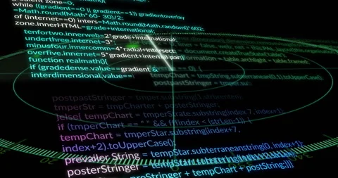 Computer code and data processing animation over dark background with glowing Video stock 304077917