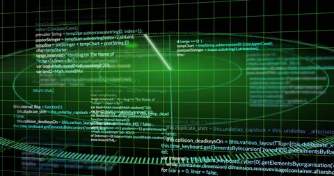 Computer code and data processing animation over green grid background Stock Footage 305366434