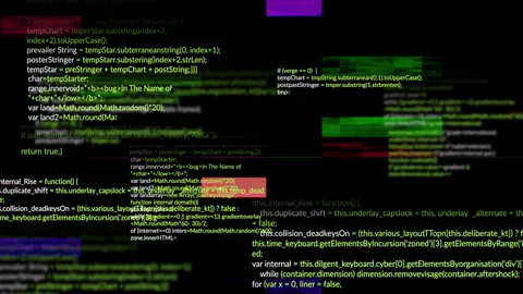 Computer code and data processing animation over black background with green Stock Footage 306264668
