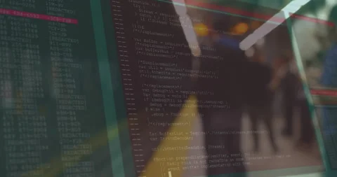 Computer code and data processing animation over blurred city lights background Stock Footage 306267511