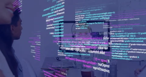 Computer code and data processing animation over people working in office Stock Footage 306637262