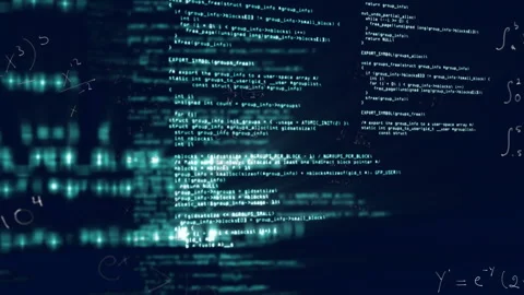 Computer code and data processing animation over dark blue background Video stock 306718460