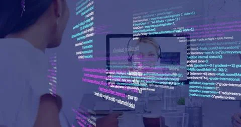 Computer code and data processing image over people working in office 스톡 사진