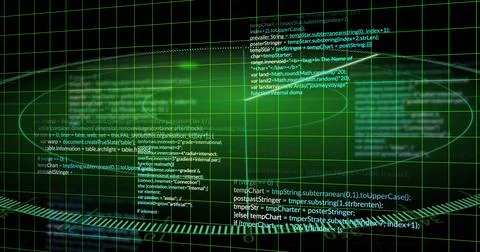 Computer code and data processing image over green grid background Foto stock
