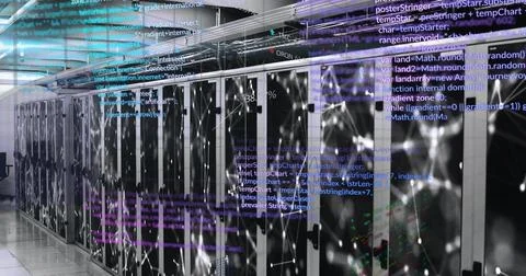 Computer code and data processing image over server racks in data center Stock Photos
