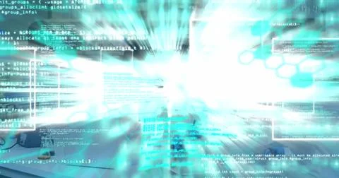 Computer code and data streams creating futuristic digital interface in office Stock Photos