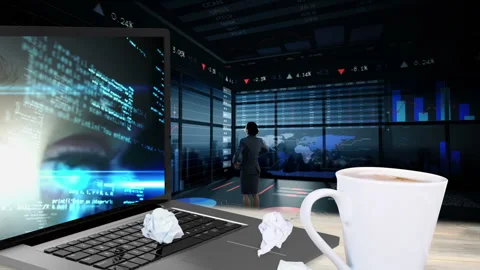 Computer code and eye animation over businesswoman analyzing financial data in Stock Footage 311036696