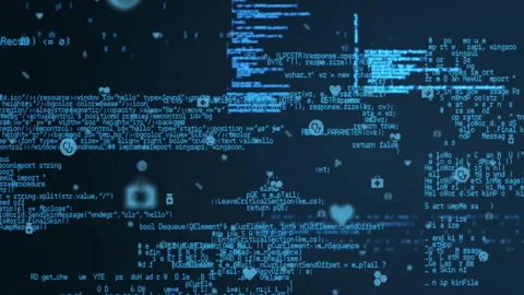 Computer code and icons animation over dark background with floating particles Stock Footage 305620404