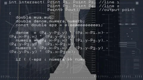Computer code and mathematical formulas animation over cityscape background Stock Footage 305893956