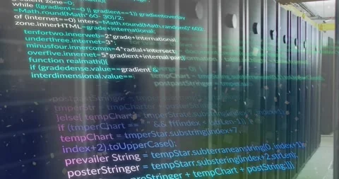 Computer code and mathematical formulas over server racks in data center Stock Footage 328718695