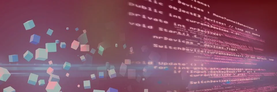 Computer code and multicolor geometric shapes against gradient background, Stock Illustration