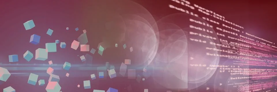 Computer code and multicolor geometric shapes against gradient background, Stock Illustration