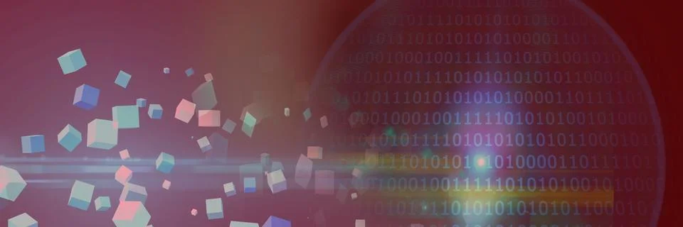 Computer code and multicolor geometric shapes against gradient background, Stock Illustration