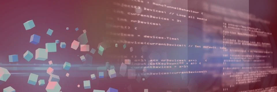 Computer code and multicolor geometric shapes against gradient background, Stock Illustration