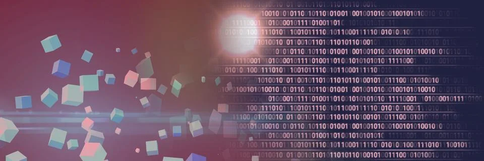 Computer code and multicolor geometric shapes against gradient background, Stock Illustration