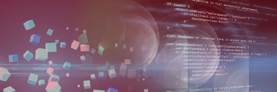 Computer code and multicolor geometric shapes against gradient background, Illustrazione stock