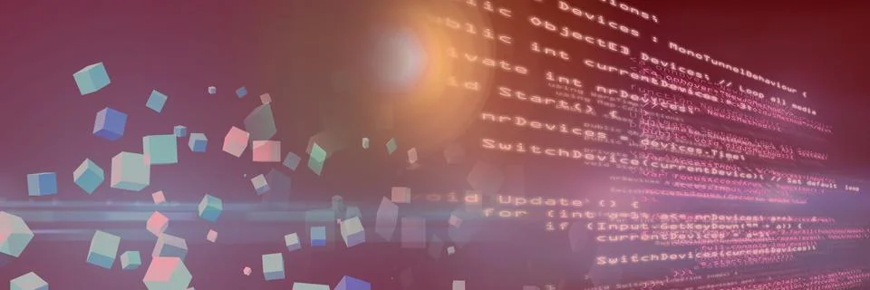 Computer code and multicolor geometric shapes against gradient background, Stock Illustration