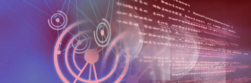 Computer code and network of connection against gradient background, program Stock Illustration