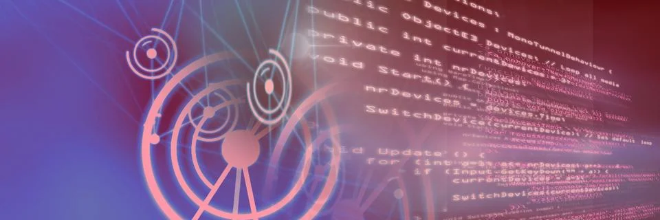 Computer code and network of connection against gradient background, program Stock Illustration