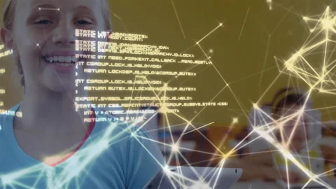 Computer code and network connections animation over young person using tablet 库存影片 303461862