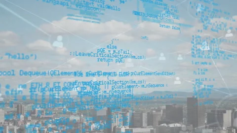 Computer code and network connections animation over cityscape Stock Footage 305021065