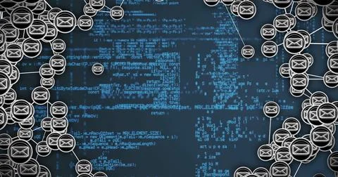Computer code and network connections, data processing image over blue Stockfoto's