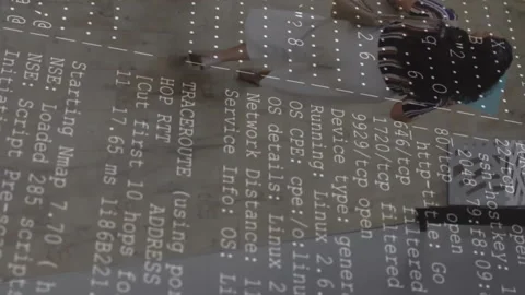 Computer code and network scanning animation over people walking in hallway Stock Footage 314144066