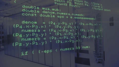 Computer code animating over server room background with rows of servers Stock Footage 303616124