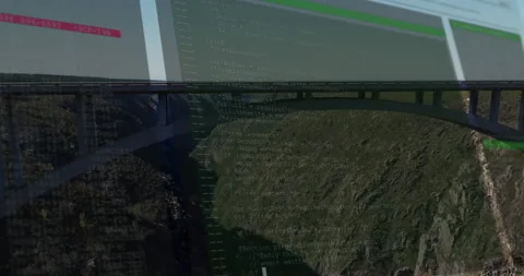 Computer code animation over aerial view of bridge and landscape Stock Footage 305133374