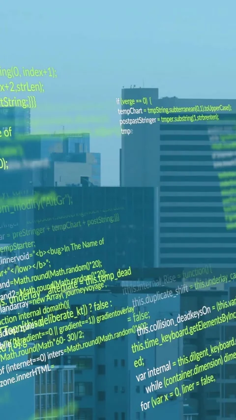 Computer code animation over cityscape with modern buildings Stock Footage 341956848
