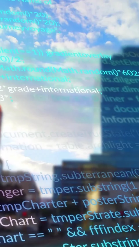 Computer code animation over cityscape with skyscrapers and cloudy sky Stock Footage 343996901
